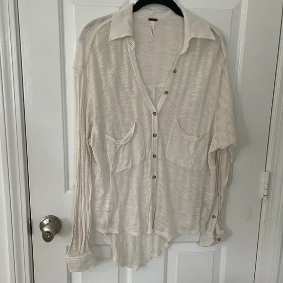 Free People cream long sleeve button down top - Picture 2 of 14